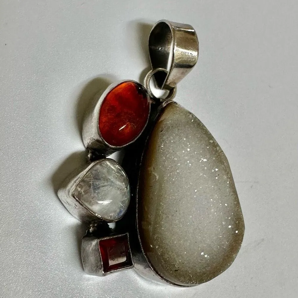 Sterling silver vintage druzy moonstone amber and garnet pendant - Image 11