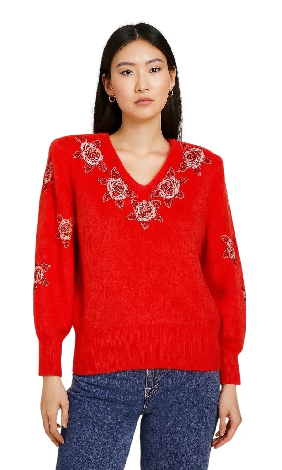 Vintage 80s Angora Sweater Red Floral Embroidered Beaded Shoulder Pads 319 Size L - Image 1