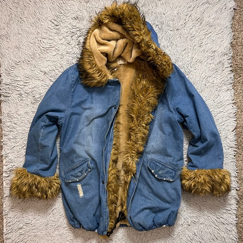 Penny Lane Coat Denim Jacket Parka w/Faux Fur Trim Y2K XL 1X 2X 3X 3XL Brown - Image 2