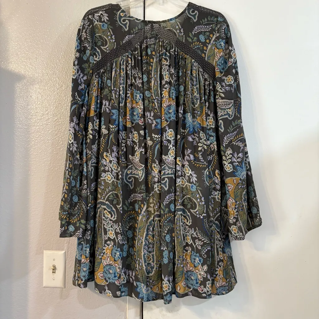 Free People Flowy Paisley Tunic Mini Dress Lace Up Wide Sleeves Small Floral - Image 2