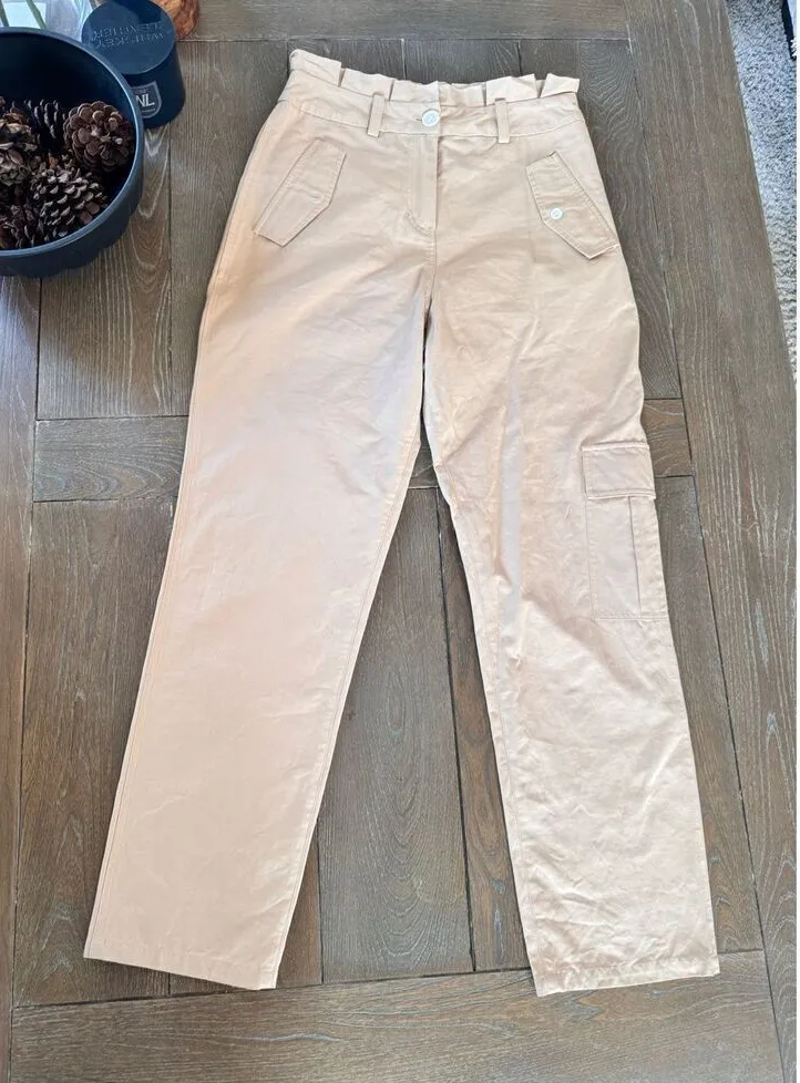 NWOT Notes Du Nord High Waist Ruffled Casual Cargo Pants in Tan Size 36 - Image 1