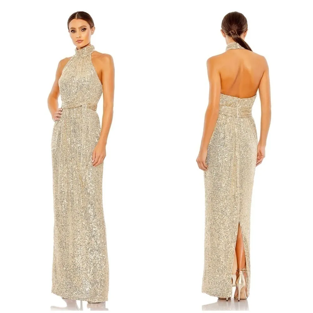 IEENA FOR MAC DUGGAL Sequined Halter Neck Belted Soft Dress In Champagne - Image 2