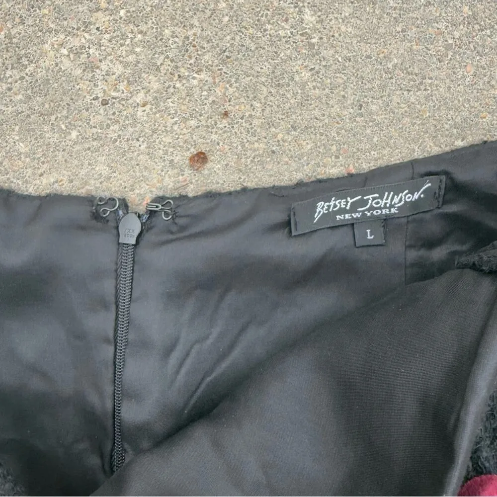 Vintage 90s Betsey Johnson Black Felted Floral Pencil Skirt Fringe Edge LARGE - Image 5