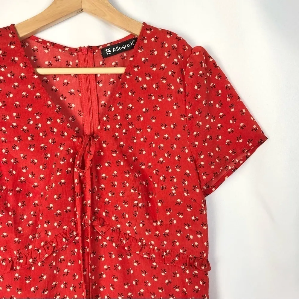 Allegra K Cherry Red Floral Ruffle Trim Short Sleeve Mini Dress S - Image 4