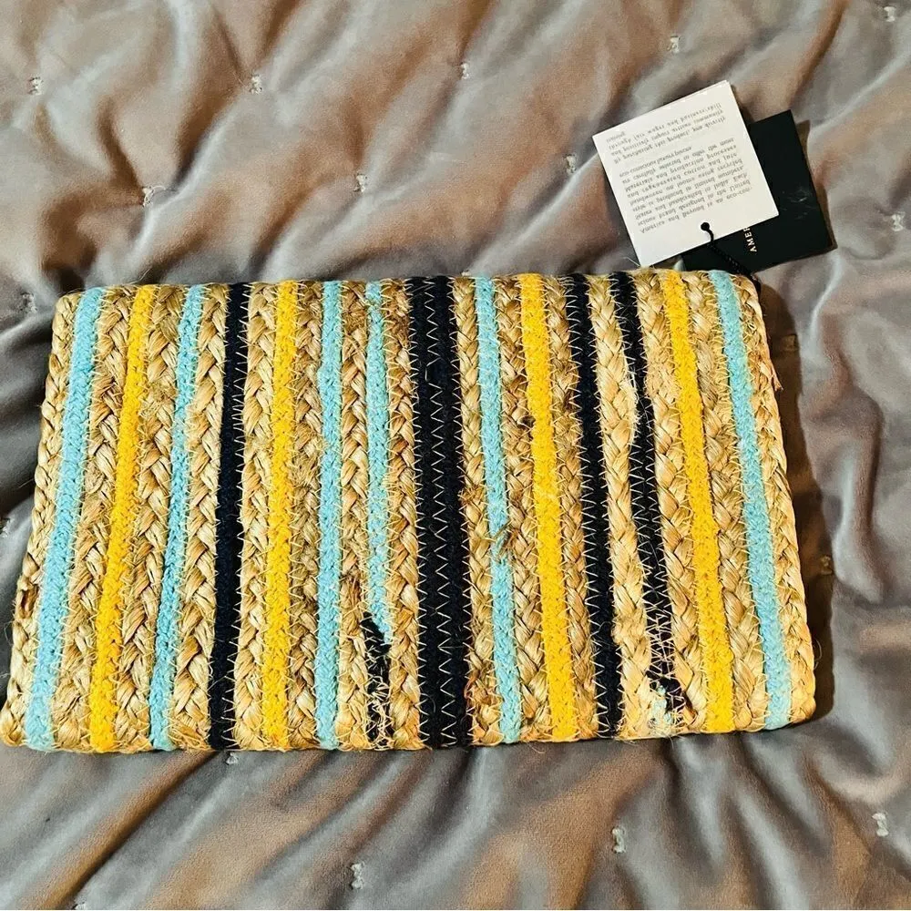 AMERICA & BEYOND Sunset Striped Staw Woven Jute Clutch Purse Tan Blue OS NWT - Image 4