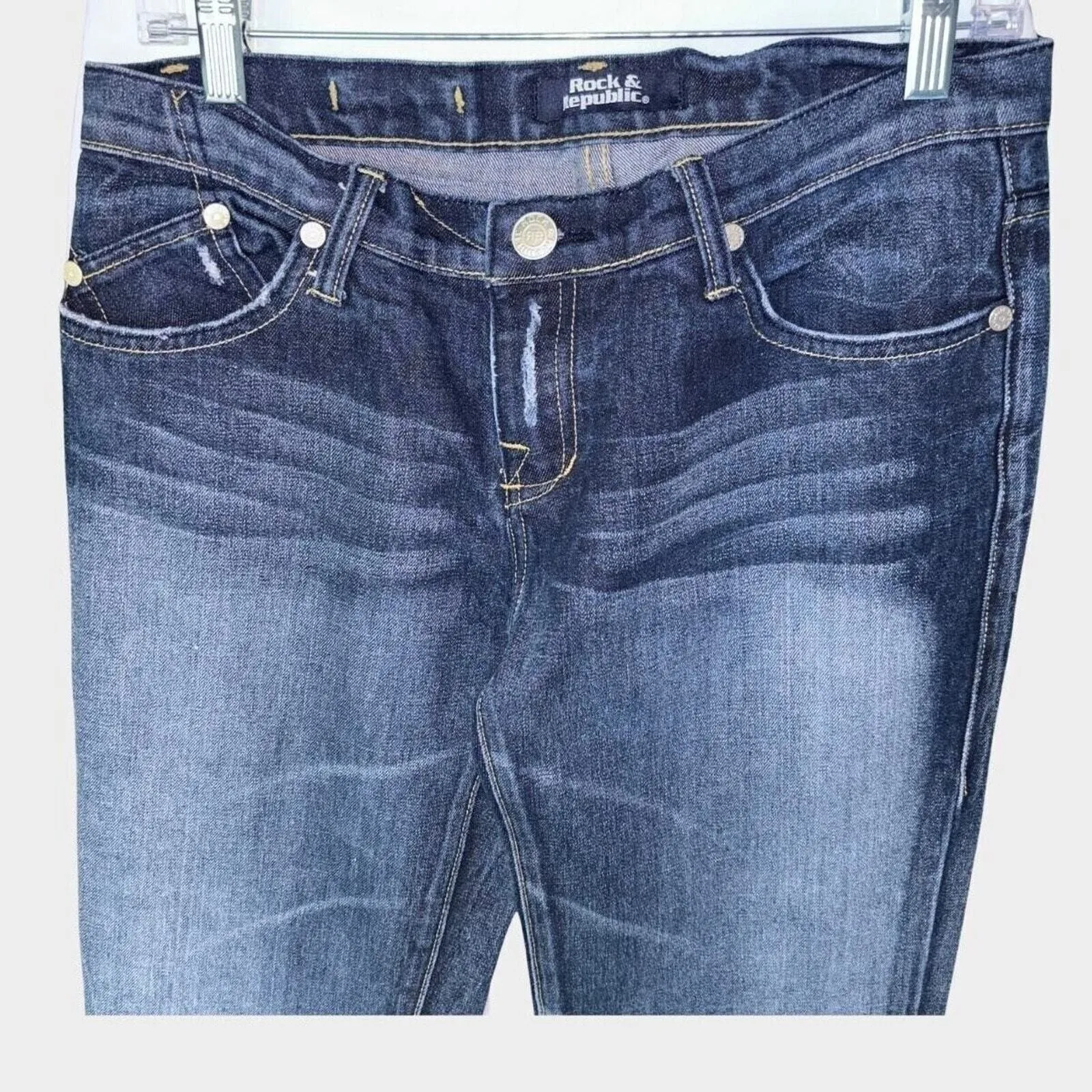 Rock & Republic Womens Jeans Sz 30 Flare Wide Boot Cut Leg Low Rise Dark‎ Wash - Image 2