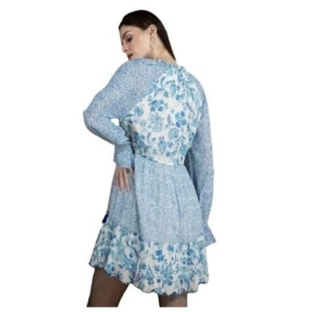 House Of Harlow 1960 Blue Floral Fringe Tiered babydoll Mini Dress Sz.XS - Image 3