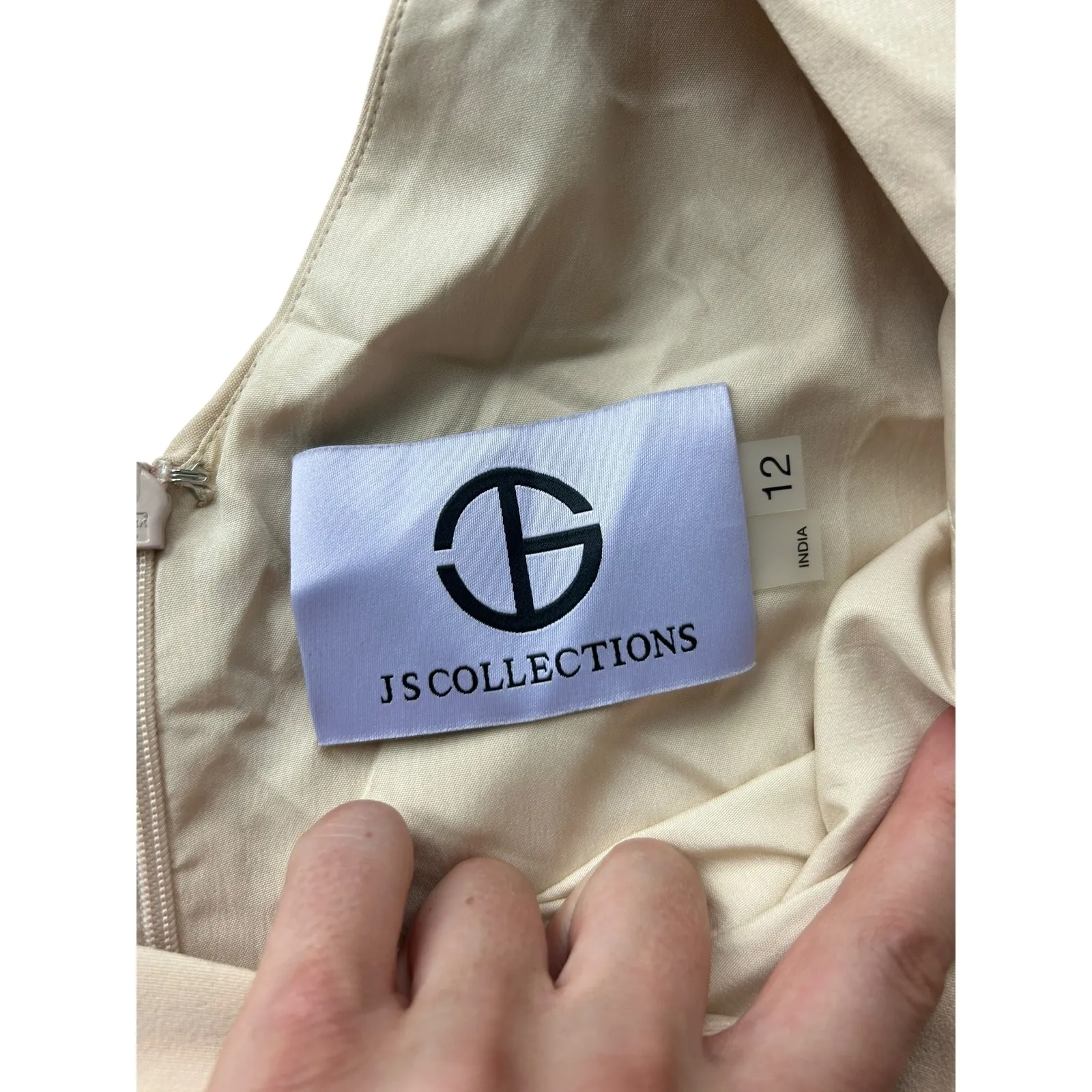 JS Collection Ashley Draped Column Gown Champagne Beaded Formal Dress Sz 12 NWT Gold - Image 13