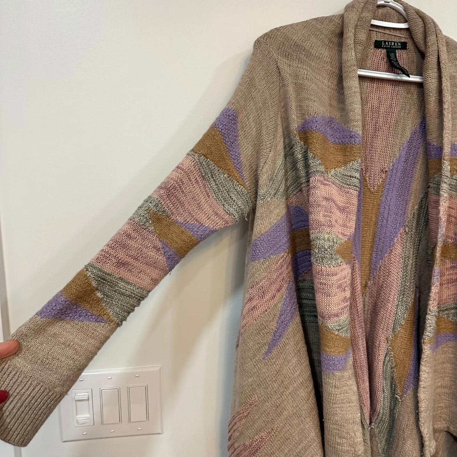 Lauren Ralph Lauren Cardigan Sweater L/XL Asymmetrical Knit Pastel Aztec Wool - Image 3
