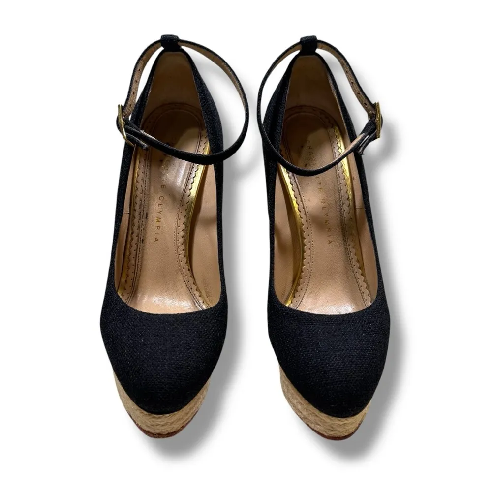 Charlotte Olympia Black Canvas Dolores Espadrille Platform Ankle-Strap Pumps - Image 5