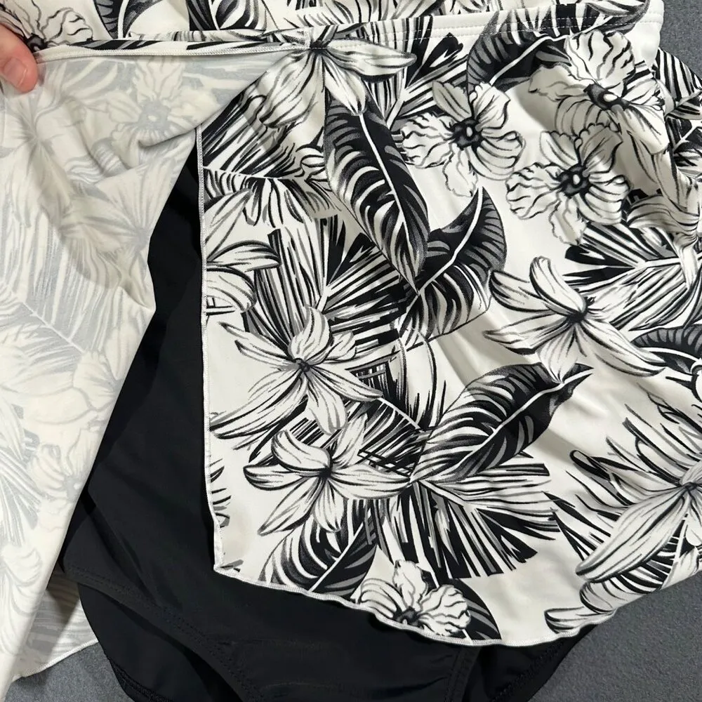 Island Pearls Womens 14 One Piece Tankini Swimsuit Flowy Black White Nylon Blend - Image 4