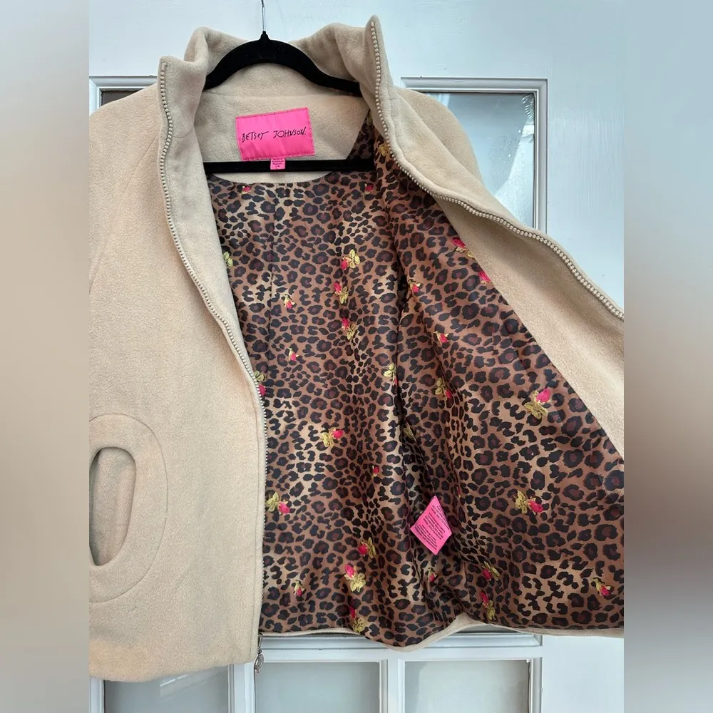 Vintage Betsey Johnson Y2K Angora Wool Leopard Print Lined Zip Jacket Size XS - Image 4