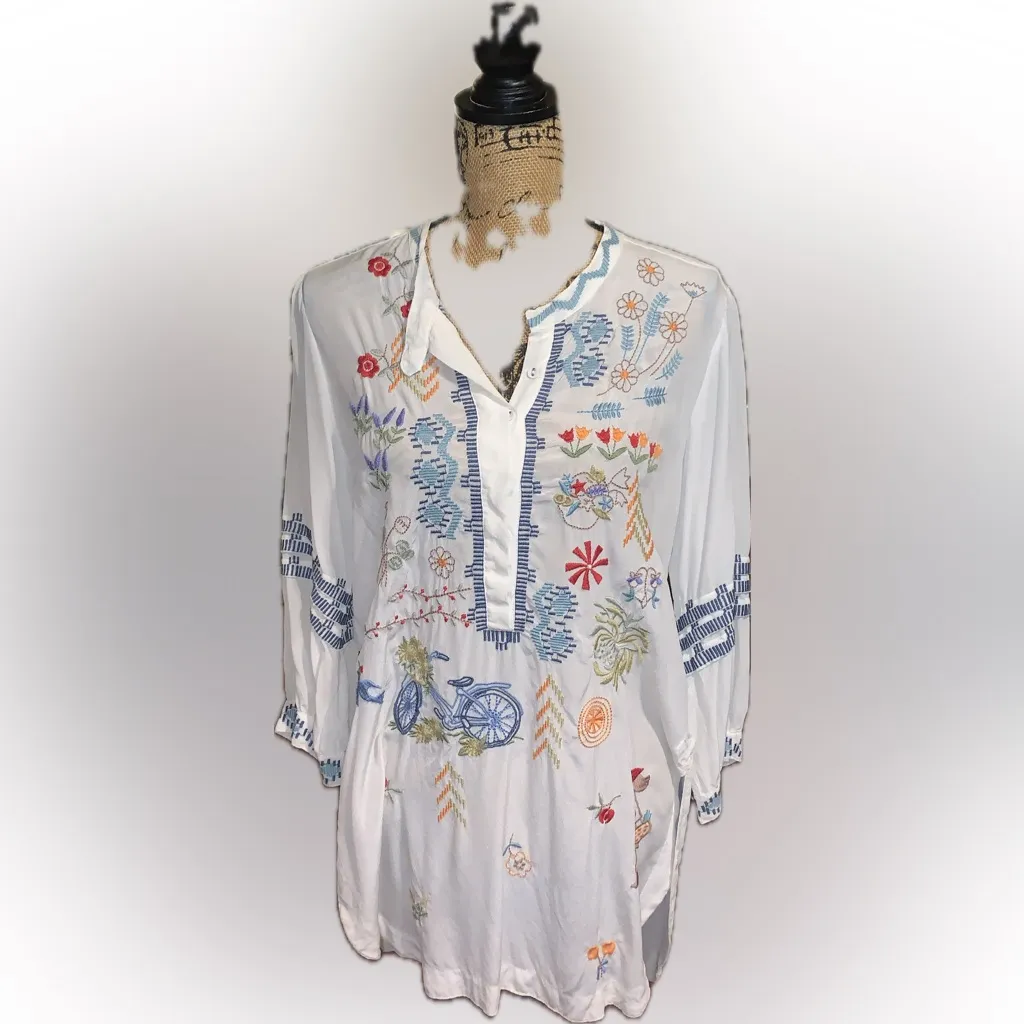 Biya Johnny Was Silk White Colorful Embroidered Henley Button Tunic Blouse S - Image 4