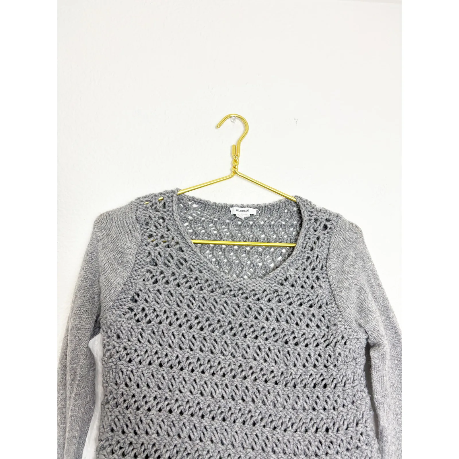 HELMUT LANG Asymmetrical Open Knit Sweater Size Small Gray Wool Cashmere - Image 5