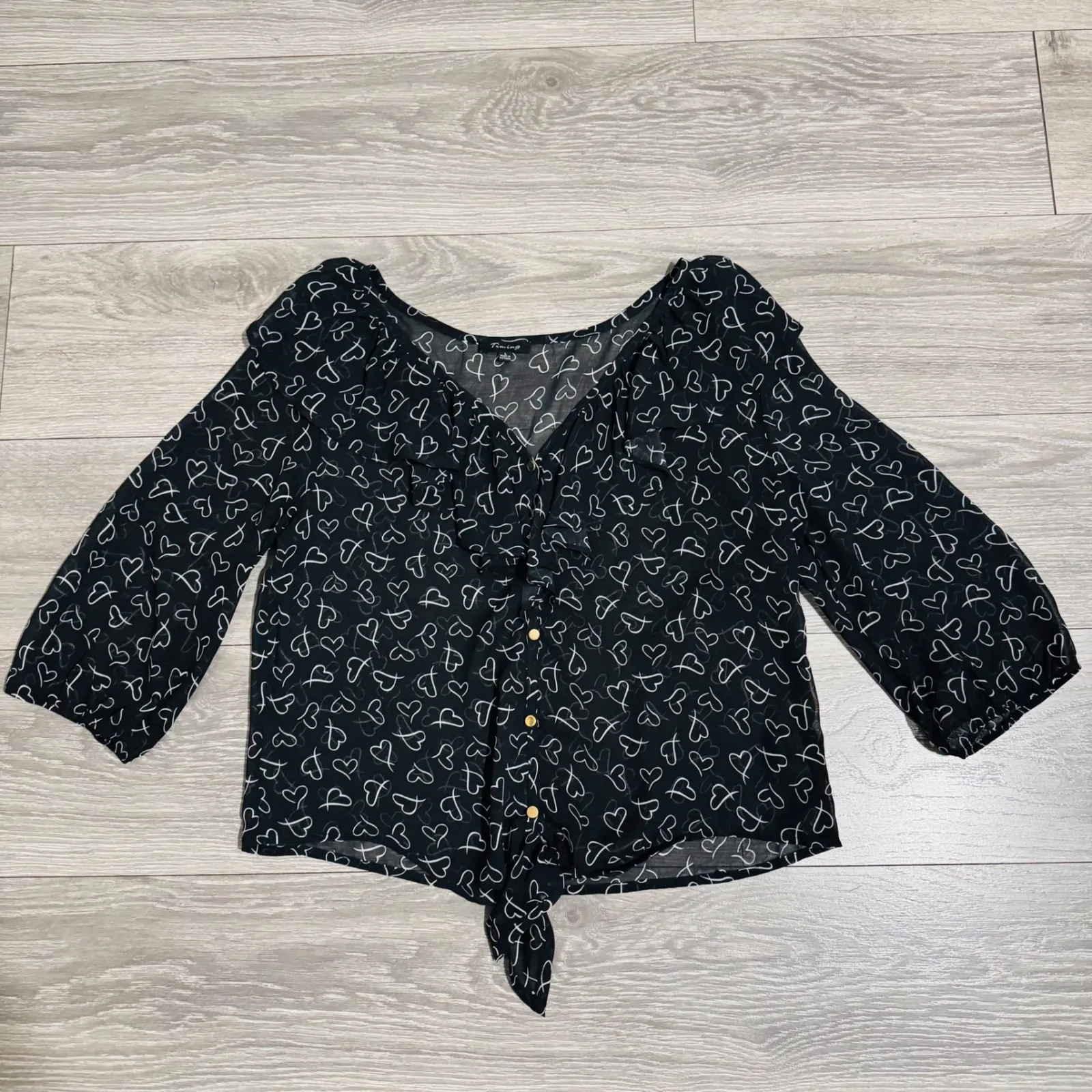 Timing Black Sheer Heart Print Ruffle Tie Front Blouse Top Women Sz L Celestial - Image 7