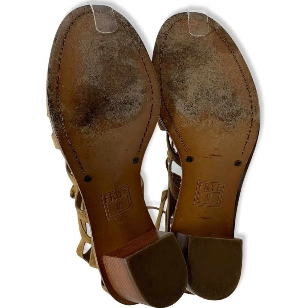 Frye  Gladiator Sandal Tan Brielle Suede Block Heel Tie Closure 9.5 - Image 7
