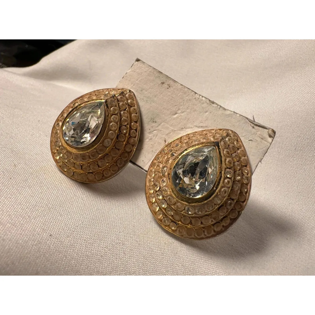 Vintage Gold Toned Rhinestone Napier Teardrop Pear Clip on Earrings - Image 2