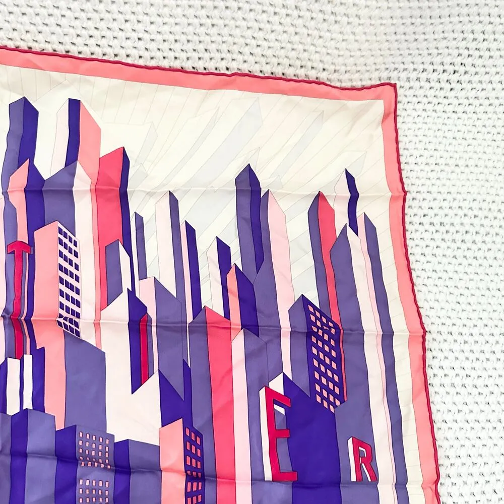 Cartier Pink Purple Ivory Geometric Skyline Cityscape Spellout Silk Square Scarf - Image 6