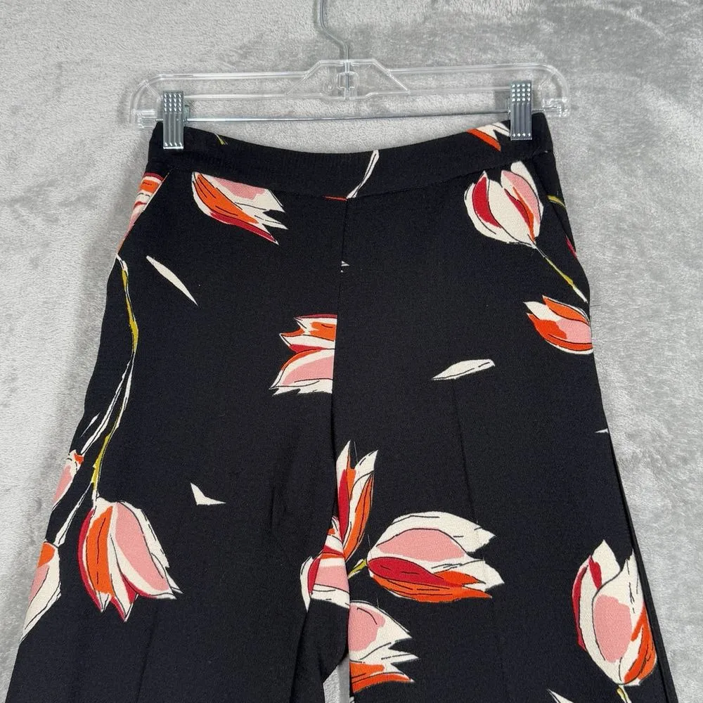 Zara Pants Womens XS Black Pink Floral Tulips Wide Leg Cottagecore Dark Bohemian - Image 4