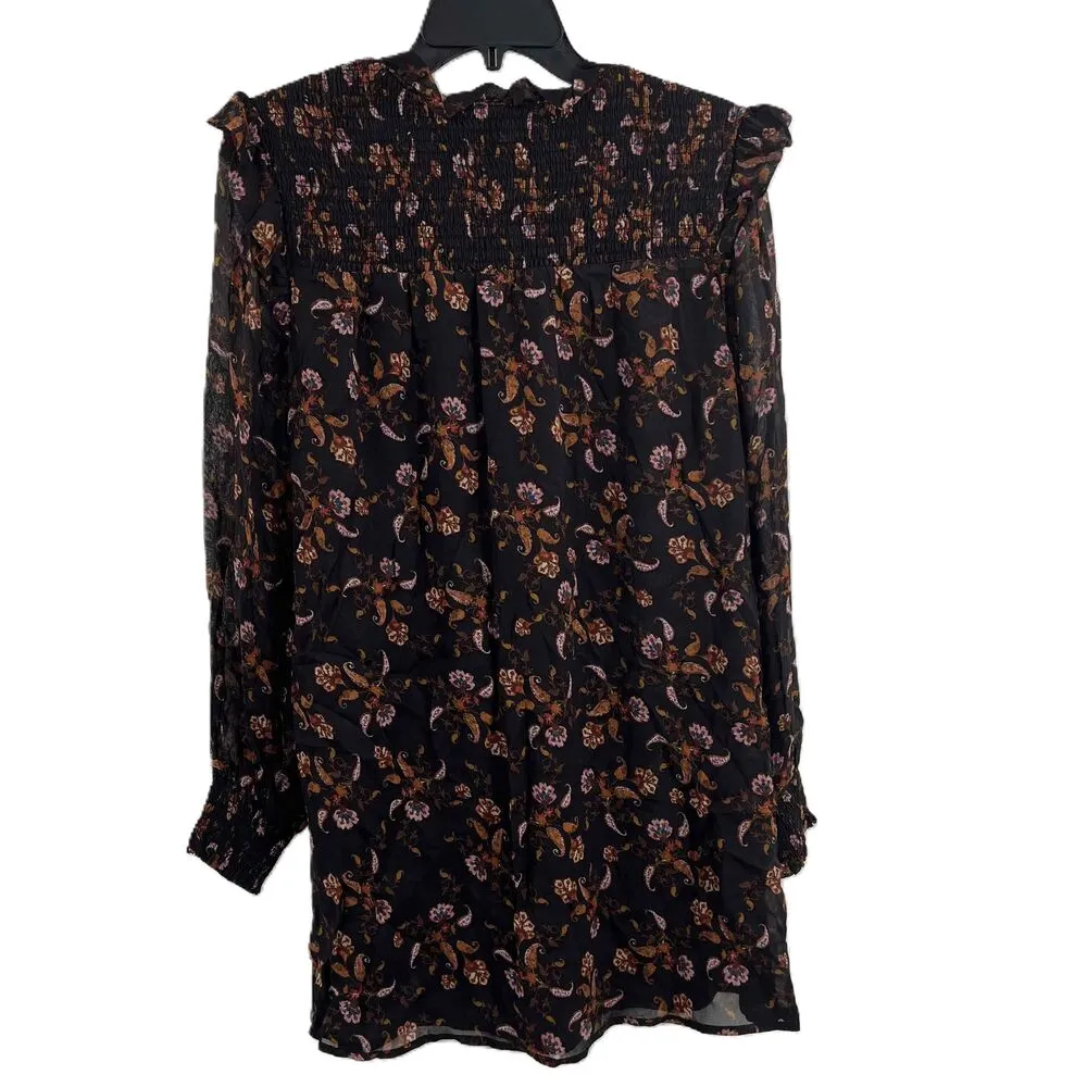Sanctuary Black Floral Smocked Chiffon Ruffle Blouse Sheer Sleeves Womens Size 6 - Image 2