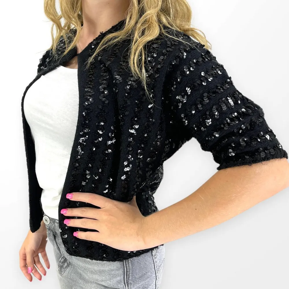 70s CASUALON PETER FREUND Vintage Black Sequin Knit Cardigan Sweater Size M - Image 4
