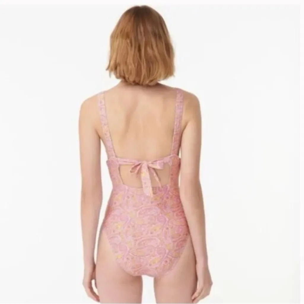 J Crew Eco plunge V-neck one-piece in beach paisley Pink Yellow Swimsuit Size 10 - Image 2