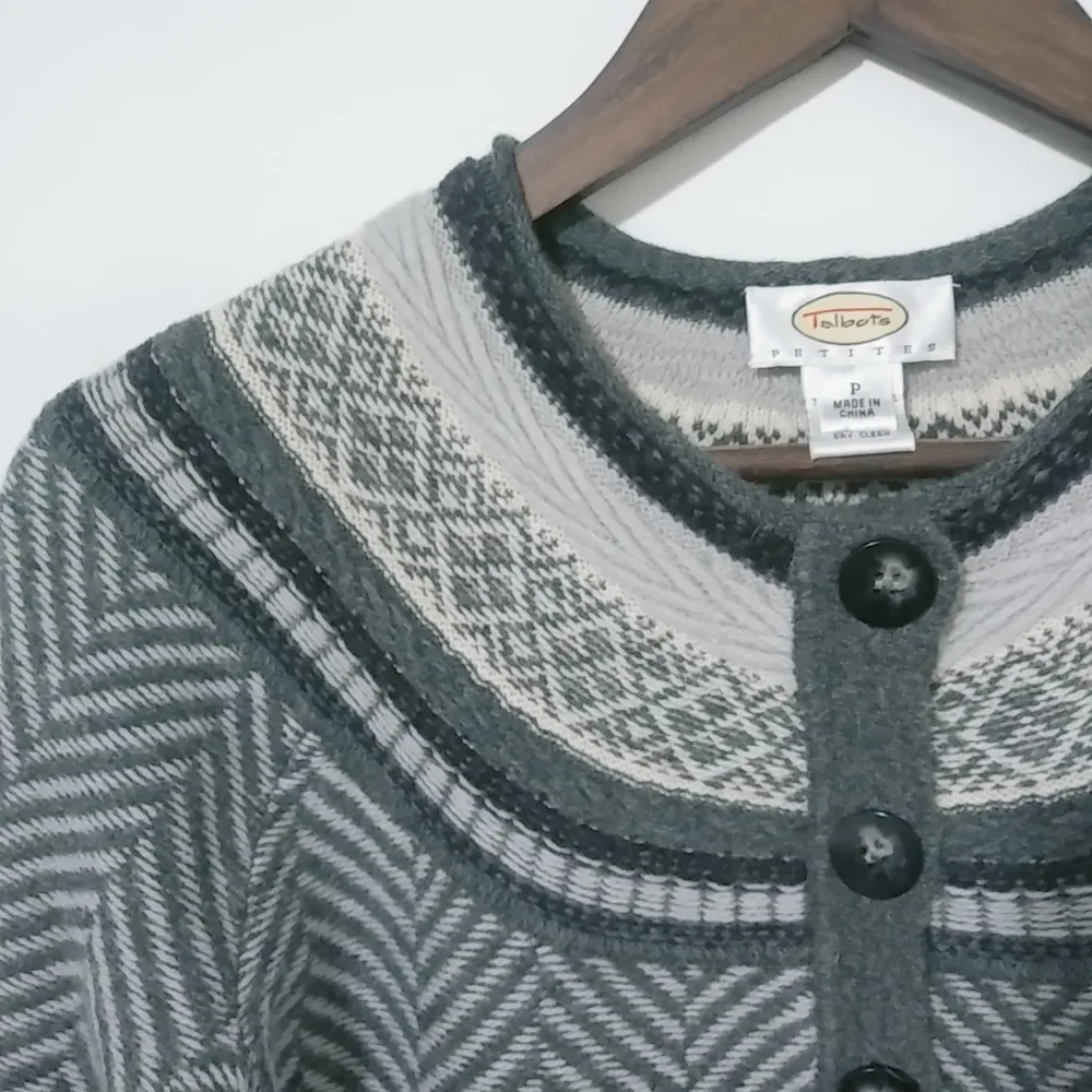 Talbots MP Gray Lambswool Fair Isle Cardigan Herringbone Pattern Sweater Petite - Image 3
