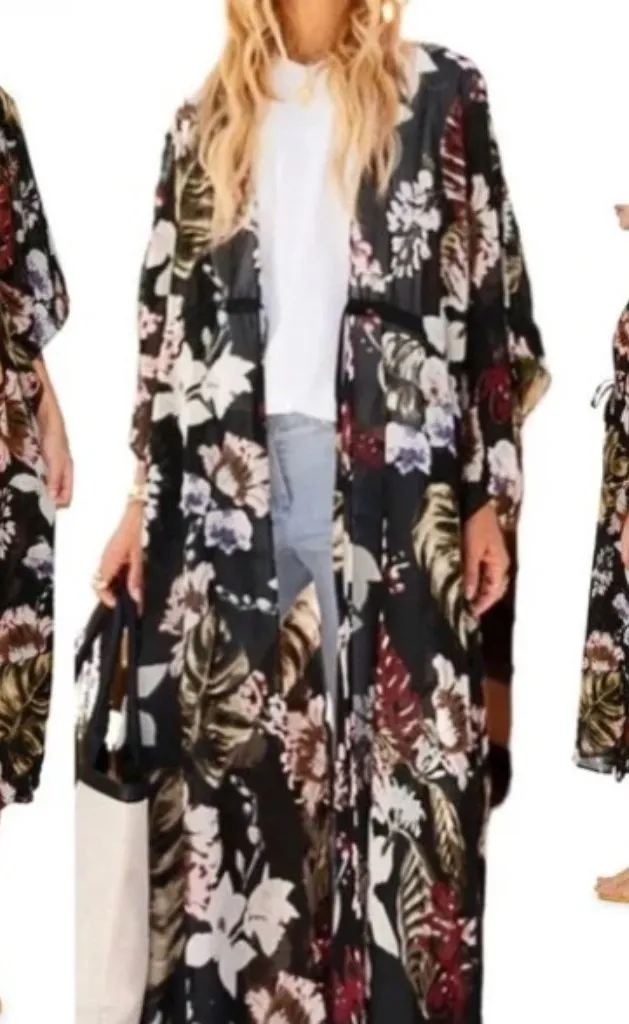 Walter Baker Tulum Drawstring Waist Caftan Black Floral Print Sheer One Size - Image 1