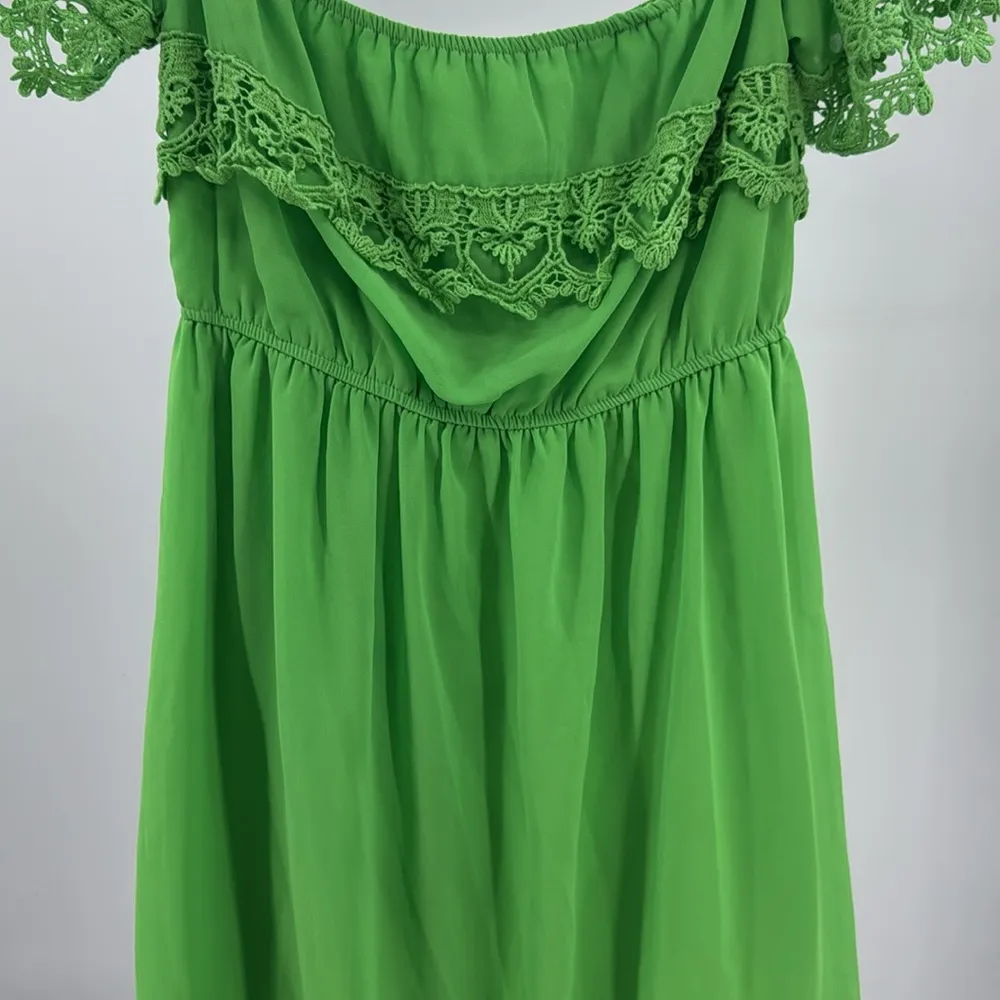 Umgee Green Mini off the shoulder lace trim detail dress M lined bright festival - Image 7