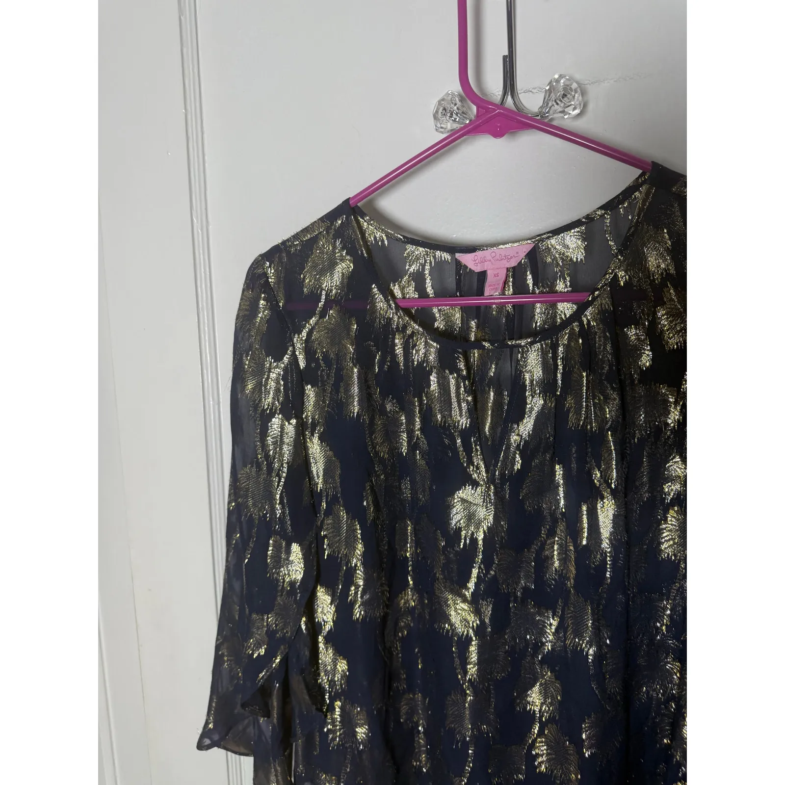 Lilly Pulitzer Beccer Silk Clip Top Navy Blue Gold Blouse Top Women's XS - Image 3