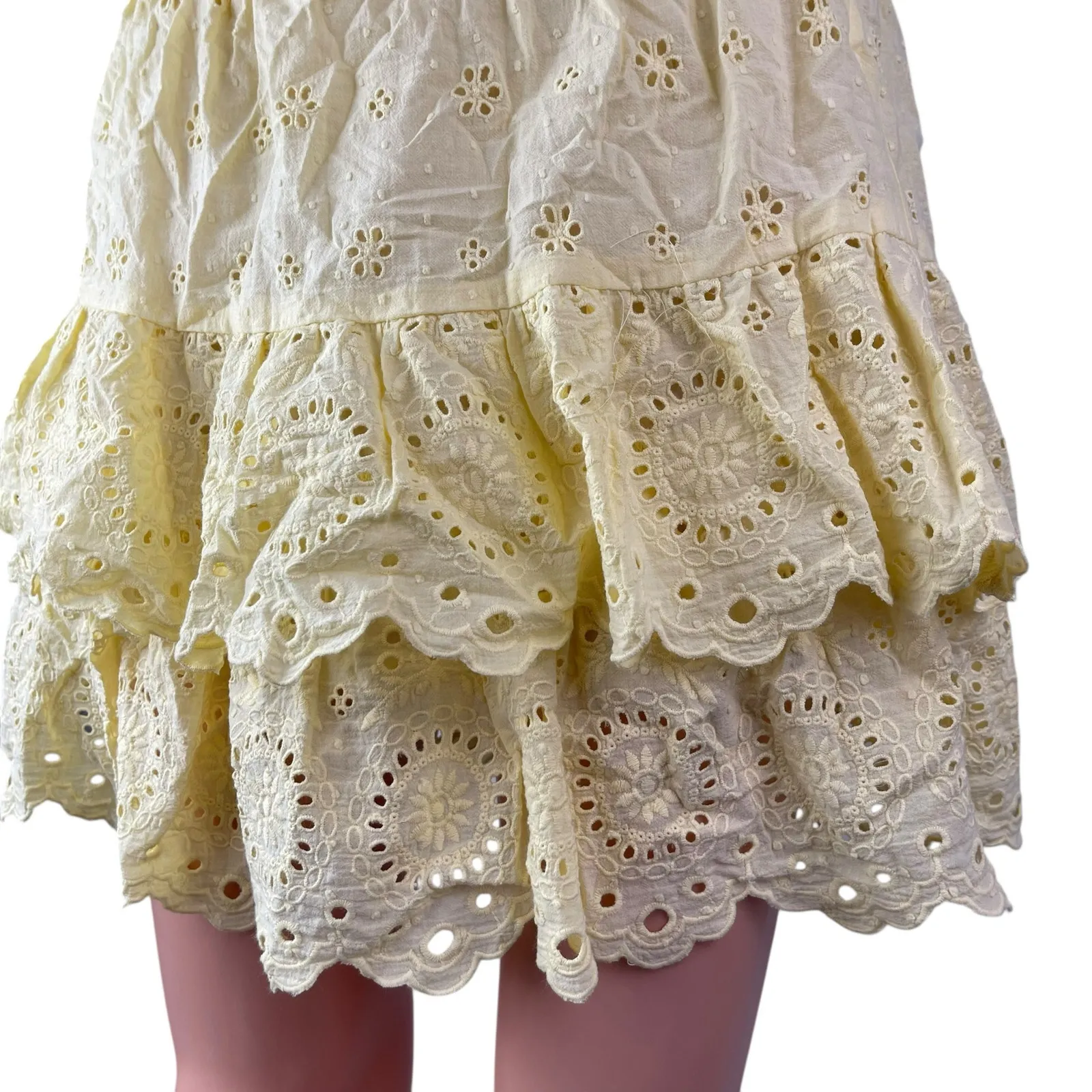 Ann Taylor LOFT Yellow Floral Eyelet Embroidered Ruffle Tiered Mini Skirt Size S - Image 2
