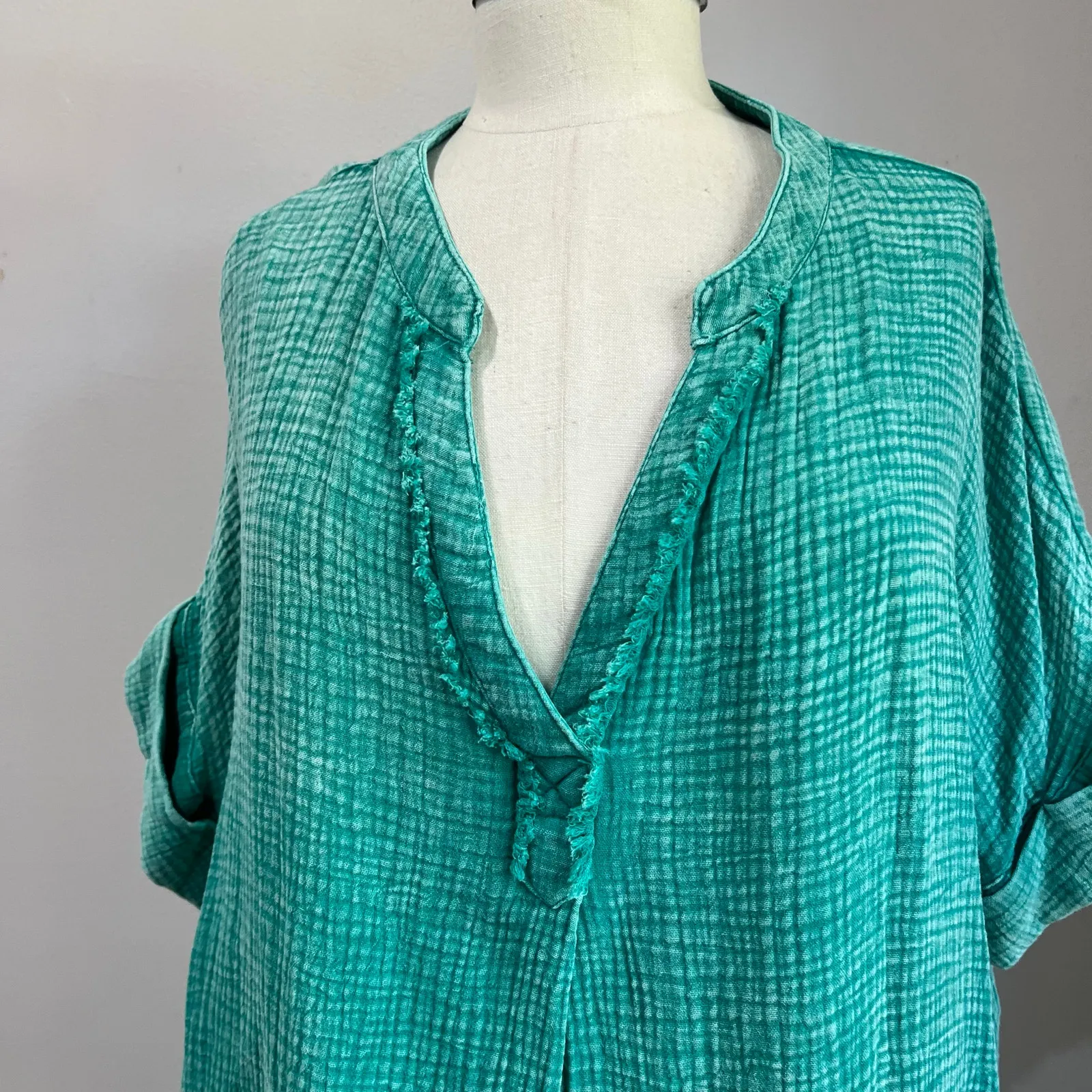 Umgee 100% Cotton Gauze Tunic Top Size M Teal Boho Oversized Summer Blouse - Image 9