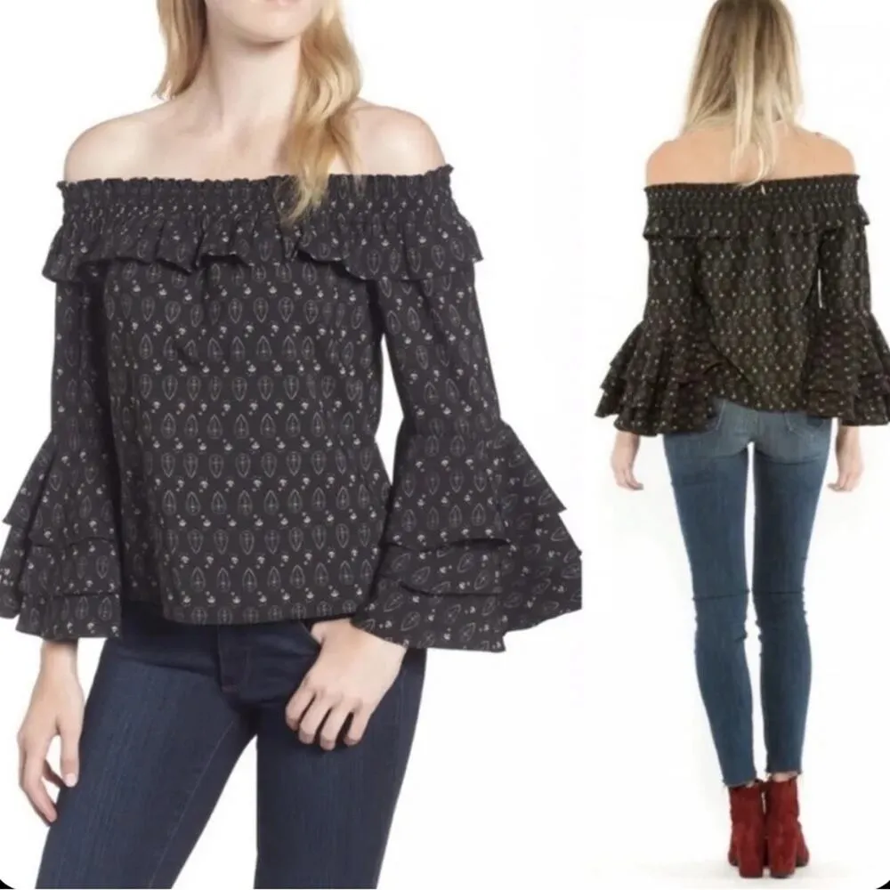 Misa Los Angeles Saskiya Black Multi Off-The-Shoulder Printed Blouse Sz XS - Image 3