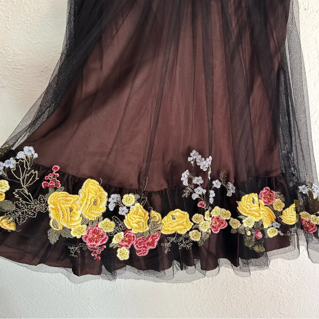 Karen Millen Y2K tulle Floral Midi Skirt Fairycore Whimsigoth Brown Black Sz 4 - Image 2