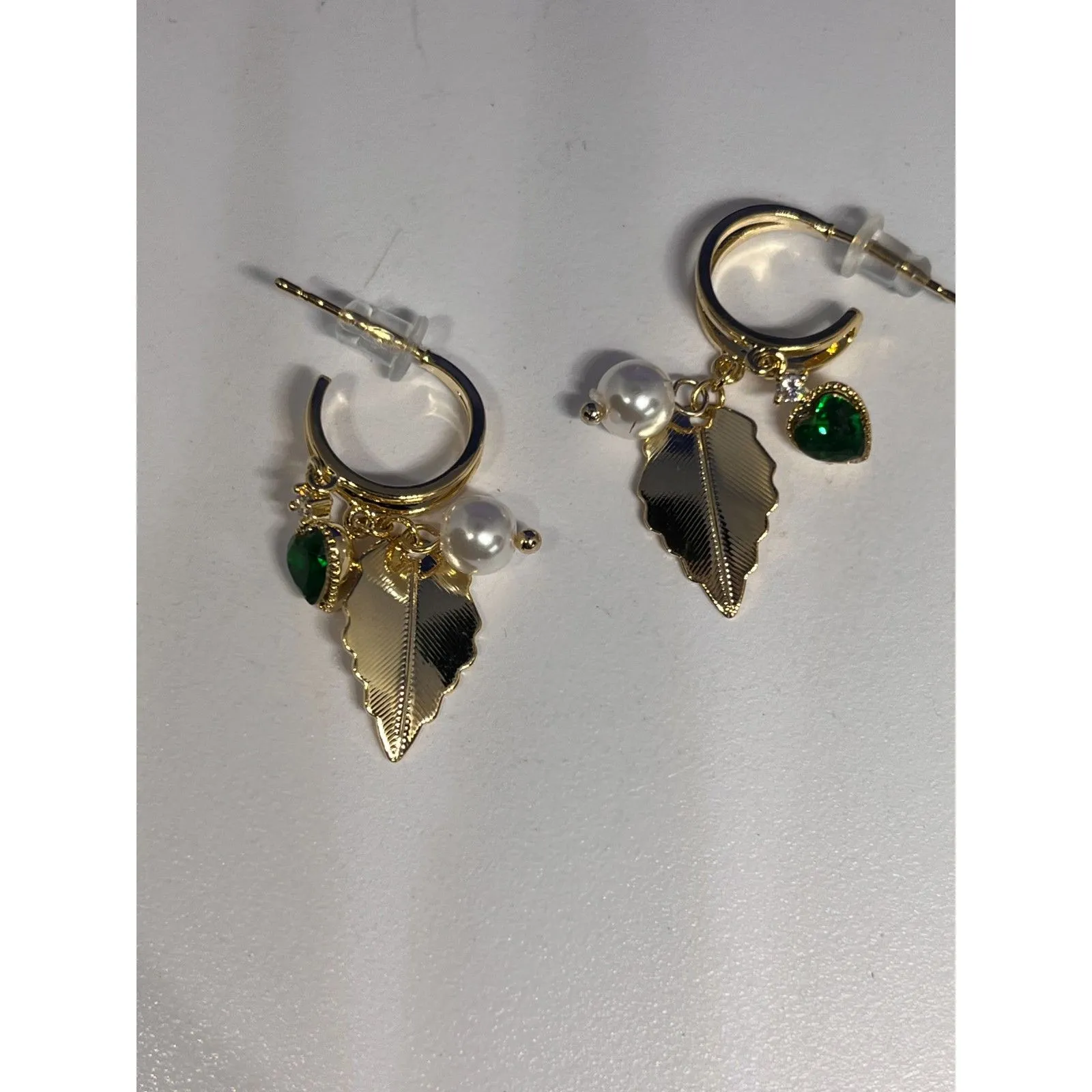 Zircon & Faux Green Pearl Leaf Drop Earrings – 18K Gold Plated NWT - Image 3