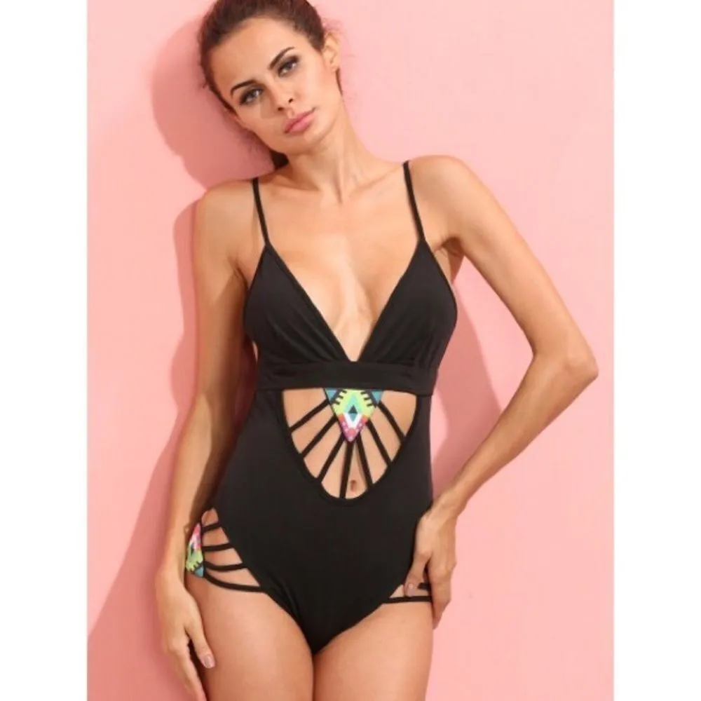 ✨HP✨Black Spaghetti Strap Deep V Hollow Bodysuit✨ Black Size XS - Image 2