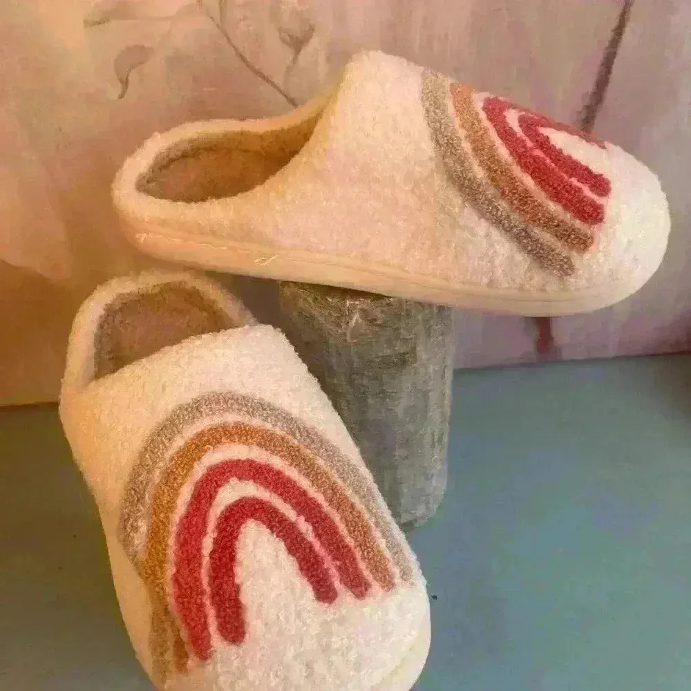 Fuzzy Slipper sSet of 2 Size 6.5 Smiley Face Open Toe Rainbow Mule Pink - Image 3