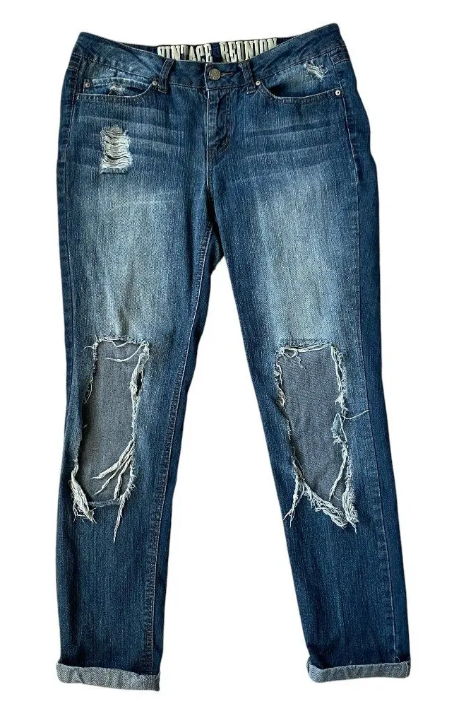 Vintage Reunion Rewash women's juniors 9 stretchy med wash ripped cuffed jeans - Image 1