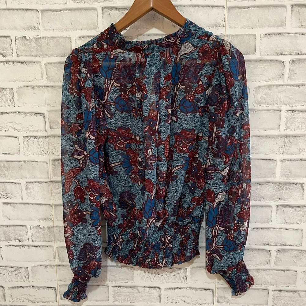 NWT! Women’s Rachel Zoe blue & maroon floral print blouse top XS - Image 2