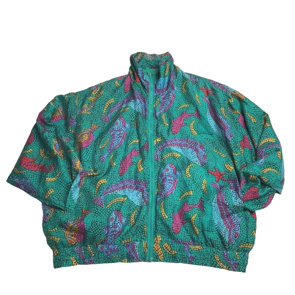 80s Lady‎ Bear Silk All Over Print Full Zip Bomber Jacket Green Plus Size 1X Vtg - Image 5
