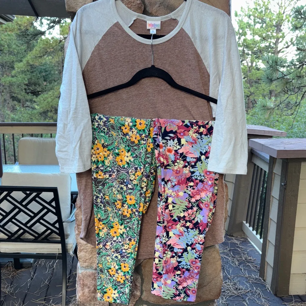 LULAROE Set of 5 Floral ONE SIZE Leggings Green PERFECT & RANDY 3/4 Baseball TEE - Image 3