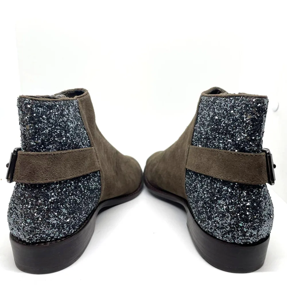 Gianni Bini Silver Glitter Heel Brown Suede Leather Almond Toe Ankle Boots 7.5 - Image 3