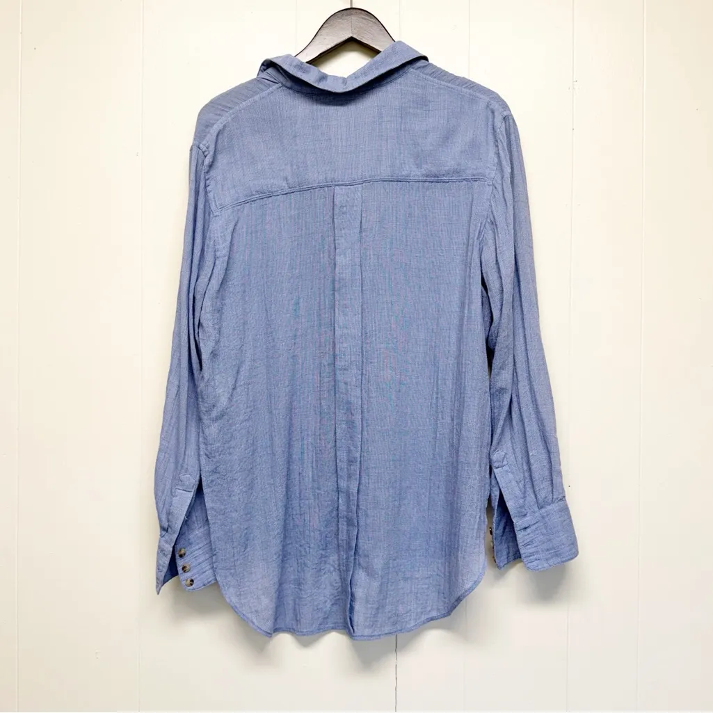 FREE PEOPLE Blue Gingham Checkered Button Up Oversized Long Sleeve Medium - Image 5