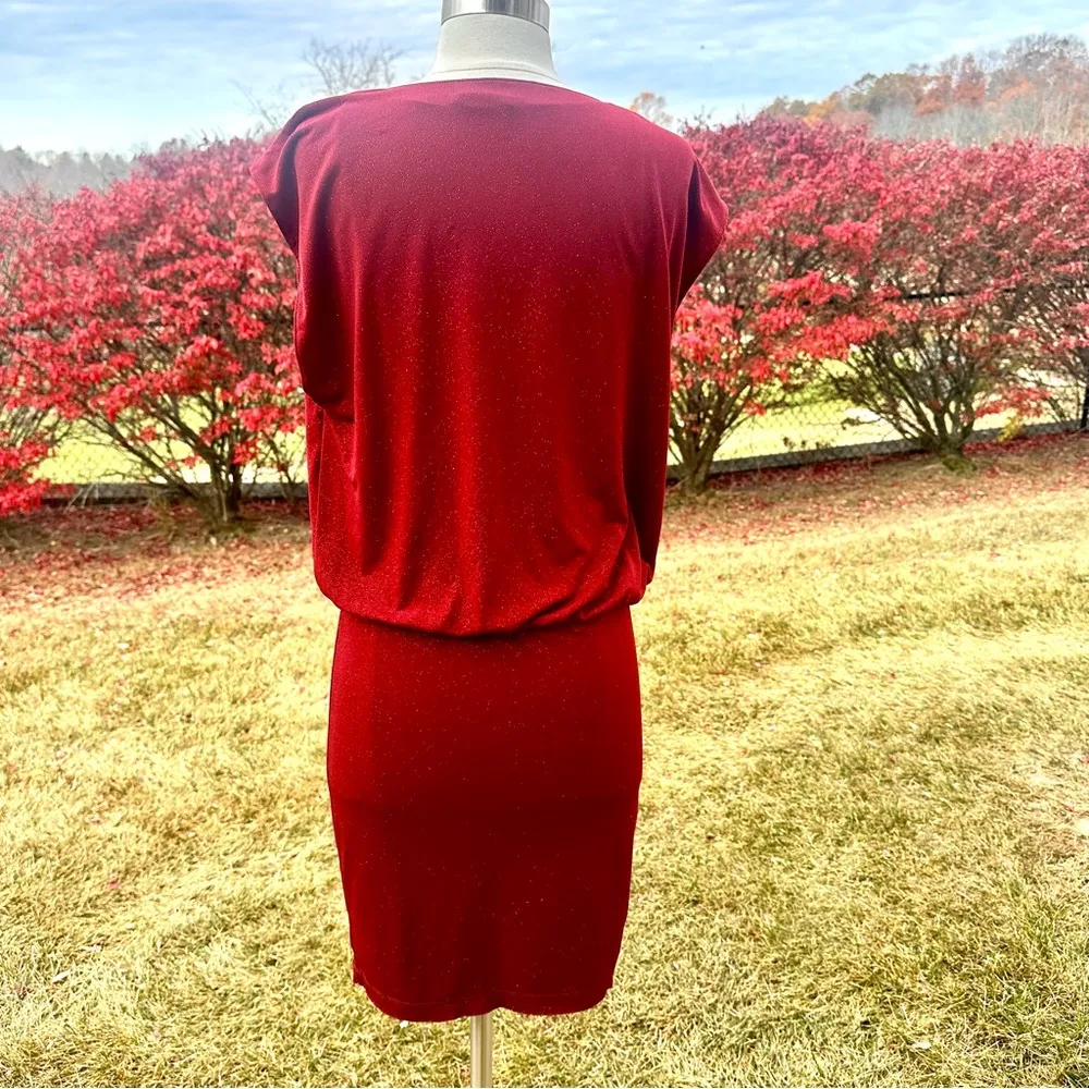 ALICE + OLIVIA MAROON BURGUNDY WINE GLITTER METALLIC DRAPEY COWL NECK MINI DRESS - Image 11