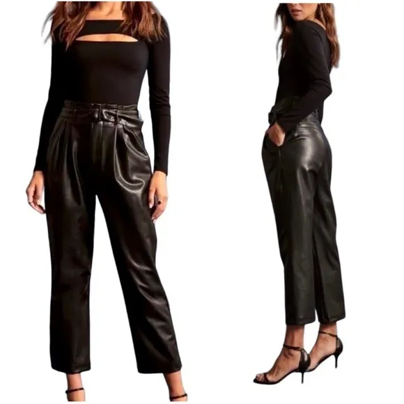 Abercrombie & Fitch A&F Black Faux Leather Paper Bag Belted Trouser Waist Pants - Image 2