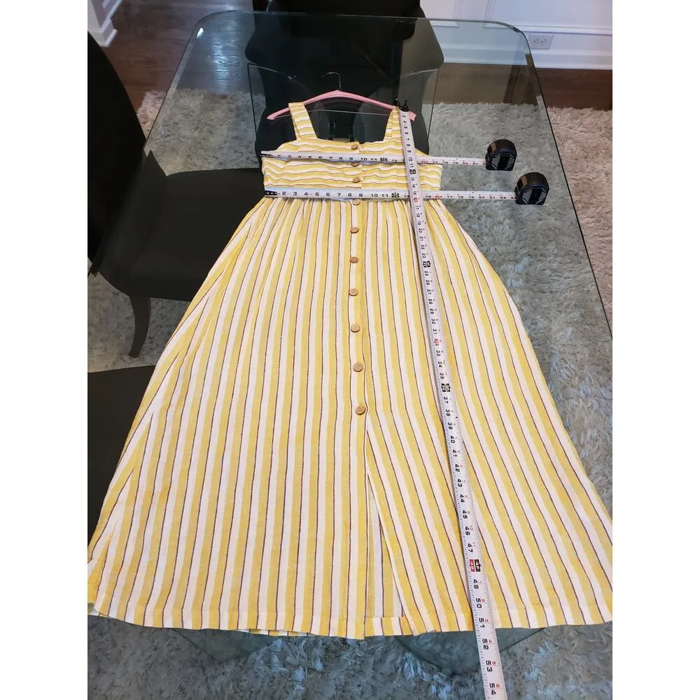 Rachel Zoe Long Maxi Dress Womens 6 Yellow Striped Linen Wide Strap Button Front - Image 7