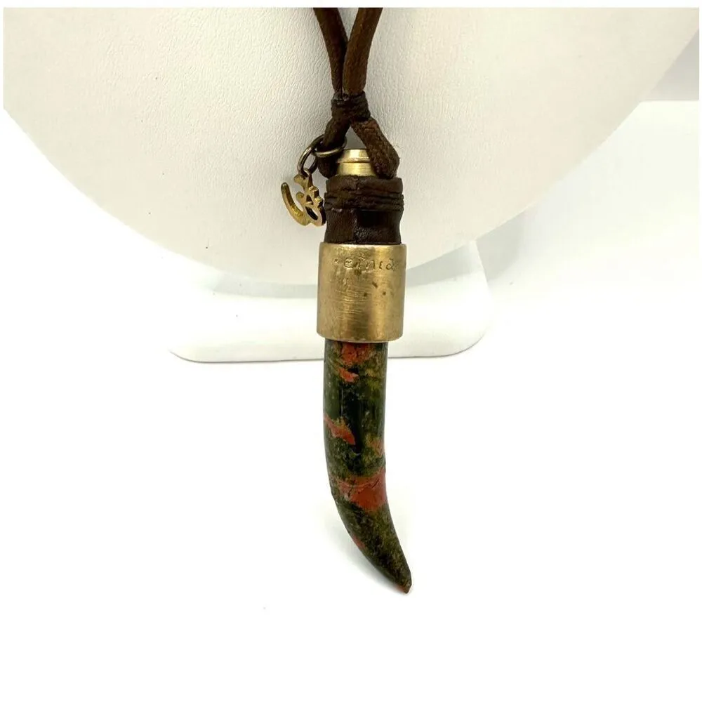 Unakite horn pendant brass and brown cord OM charm necklace - Image 14