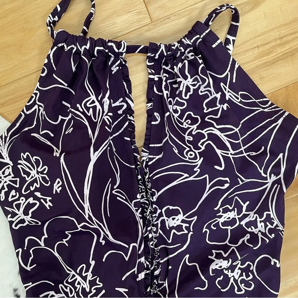 Aqua Green Women’s Sz Medium Purple Floral One Piece Swim Suit - Image 2