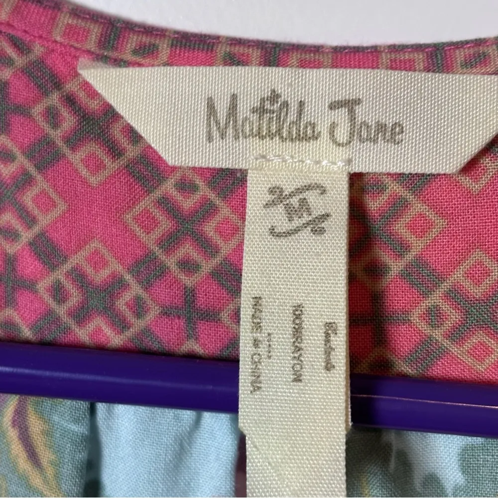 Matilda Jane Pink and Blue Geometric Romper Size Medium - Image 4