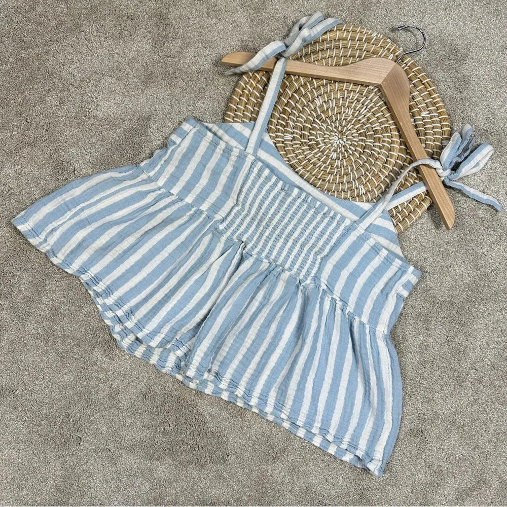 Old Navy Tie Shoulder Striped Smocked Babydoll Cami Swing Blouse Blue White L - Image 6